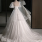 Elegant White Lace A-Line Wedding Party Dress with Puff Sleeves, White Lace Formal Gown  fg8732