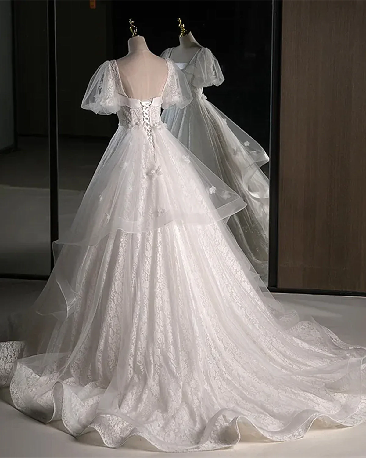 Elegant White Lace A-Line Wedding Party Dress with Puff Sleeves, White Lace Formal Gown  fg8732