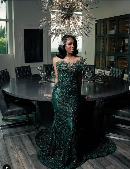 Luxury One Shoulder Satin Beaded Evening Dress Emerald Green Mermaid P formalgowns Luxury One Shoulder Satin Beaded Evening Dress Emerald Green Mermaid P formalgowns