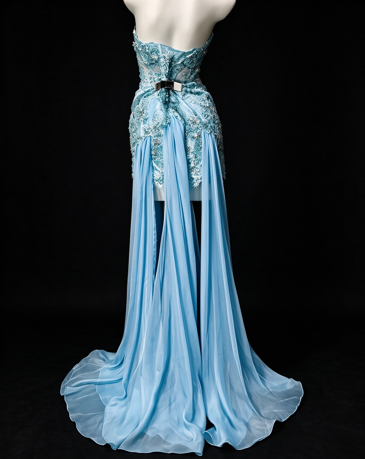 Strapless Sweetheart Sheer Corset Chiffon Overskirt Evening Gown with Beaded Lace Appliqués  fg8945