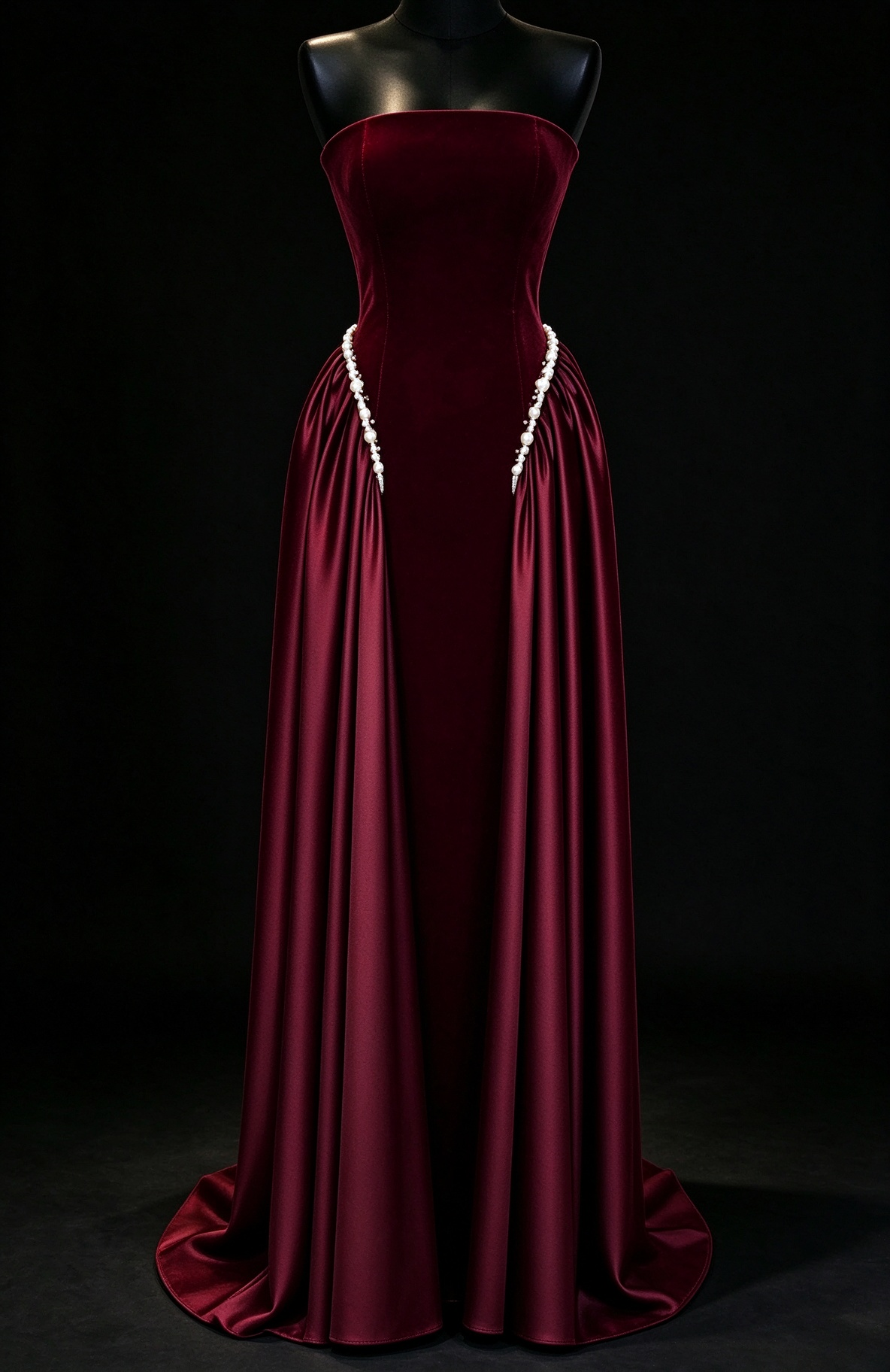 Elegant Strapless Burgundy Velvet Satin Pearl Trim Evening Gown For Wedding Party fg9004