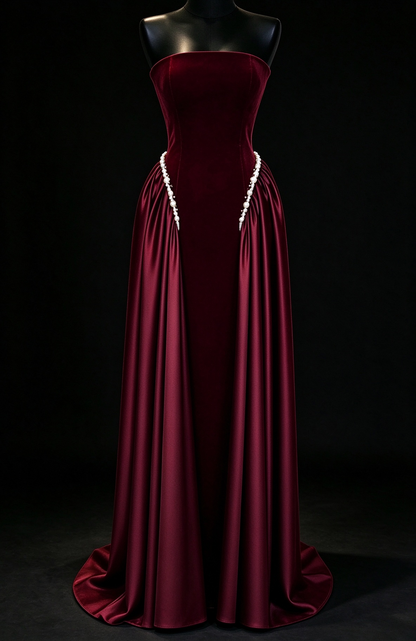 Elegant Strapless Burgundy Velvet Satin Pearl Trim Evening Gown For Wedding Party fg9004