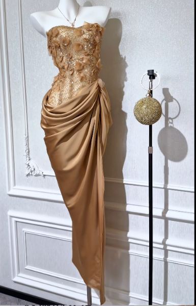 Luxury Strapless 3D Floral Beaded Mesh Draped Satin Midi Evening Party Gown fg8751