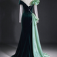 Dark Green Velvet Mermaid Evening Gown With Light Green Ruffled Satin, Beaded Illusion Neck & Sheer Tulle Sleeves fg8987