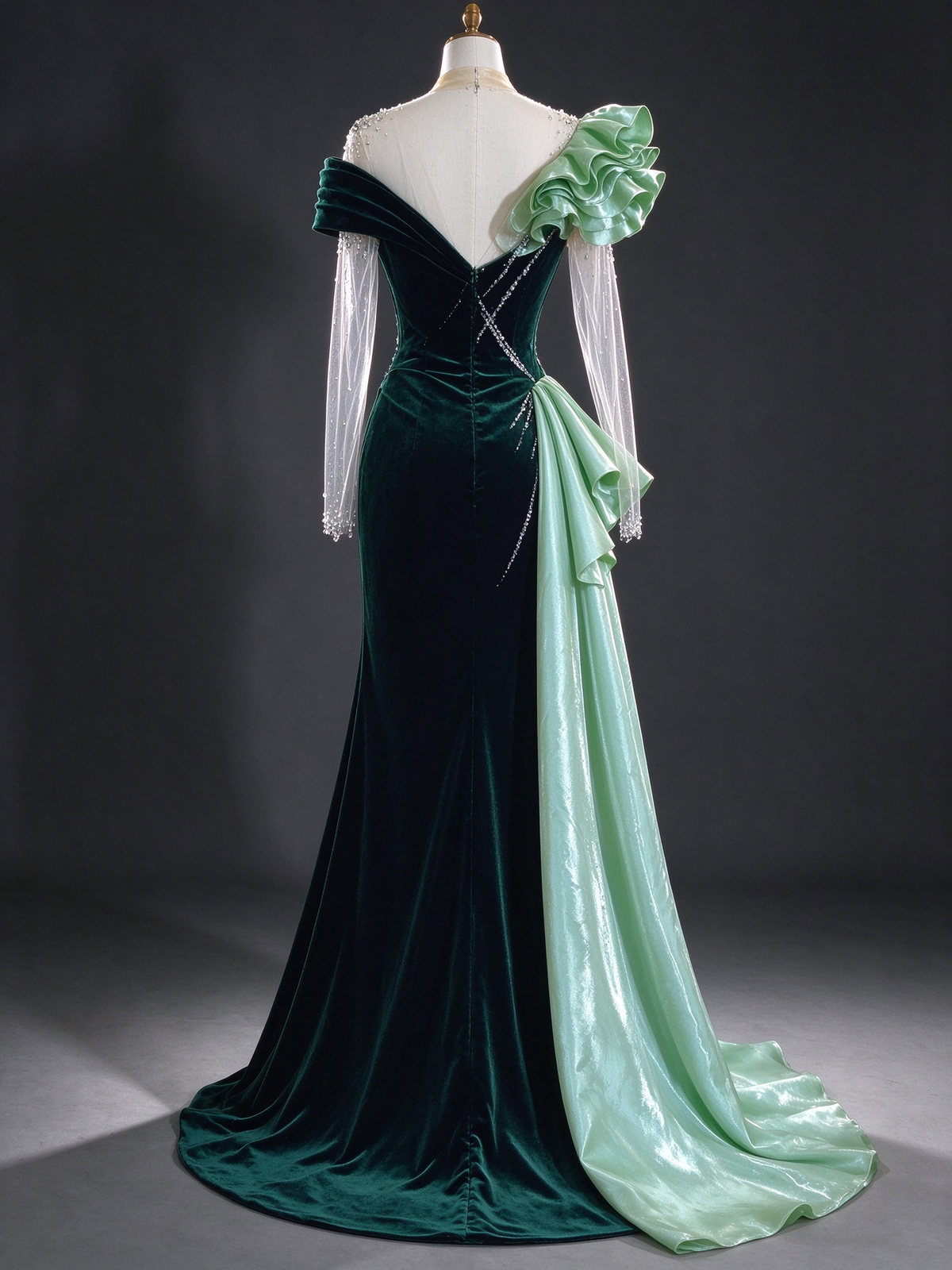 Dark Green Velvet Mermaid Evening Gown With Light Green Ruffled Satin, Beaded Illusion Neck & Sheer Tulle Sleeves fg8987