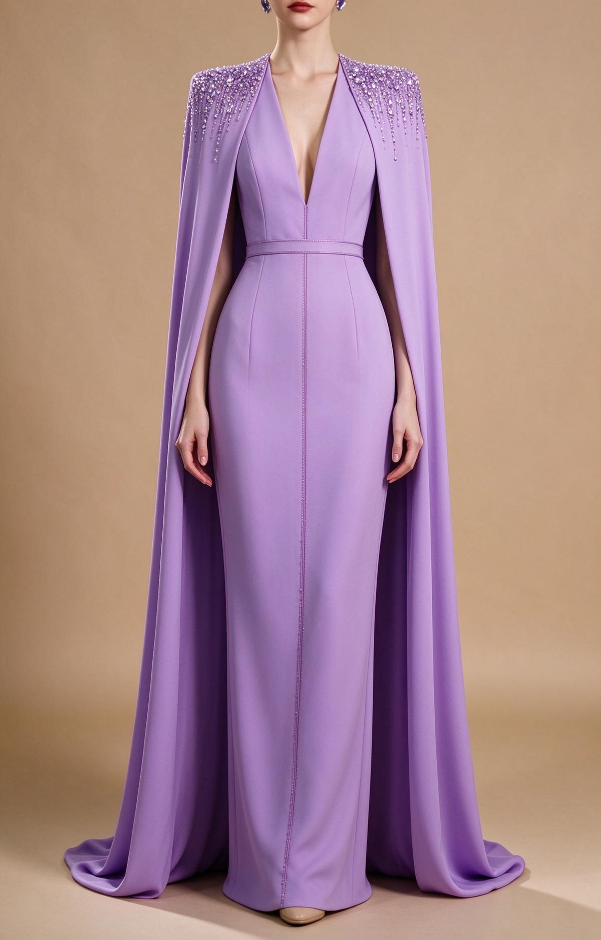 Lavender Deep V Neck Sheath Evening Gown With Cape Sleeves & Beaded Shoulder Embellishment fg8993