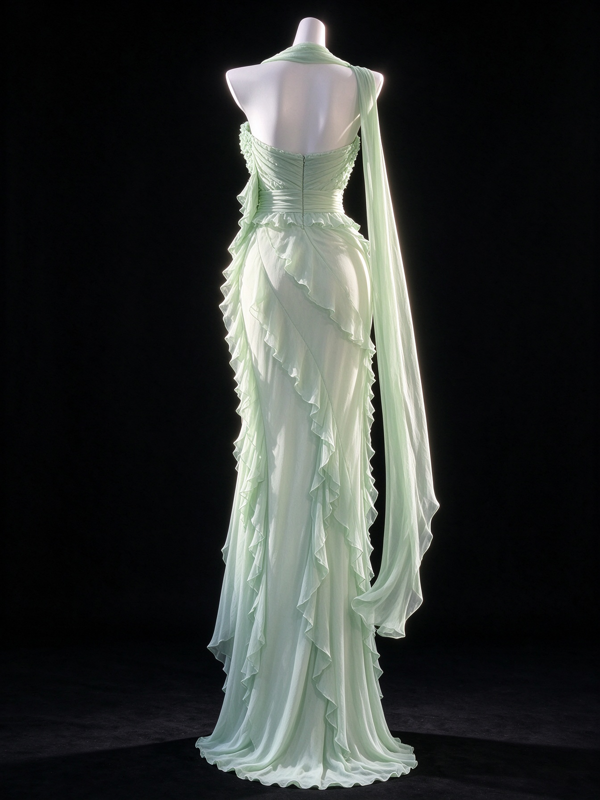 Sage Green Strapless Ruffled Chiffon Mermaid Evening Dress fg9135