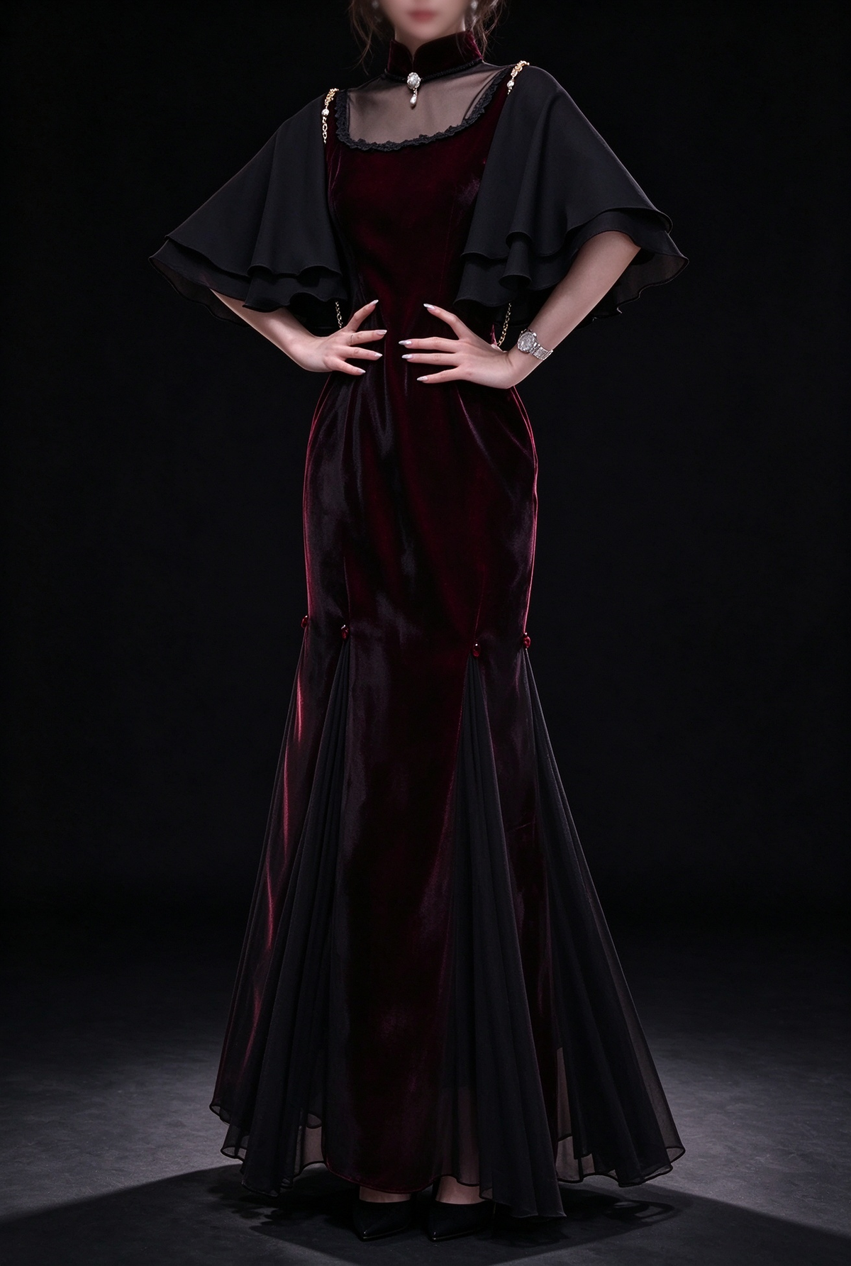 Burgundy High Neck Velvet Mermaid Evening Dress With Chiffon Cape Sleeve fg8977