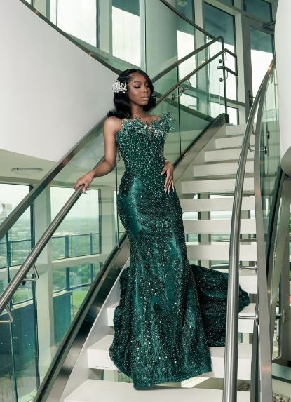 Luxury One Shoulder Satin Beaded Evening Dress Emerald Green Mermaid P formalgowns Luxury One Shoulder Satin Beaded Evening Dress Emerald Green Mermaid P formalgowns