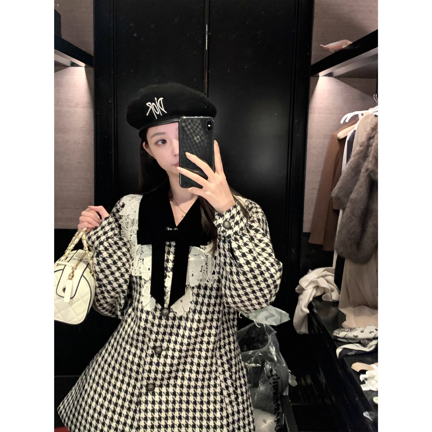 Houndstooth velvet belted coat  A76