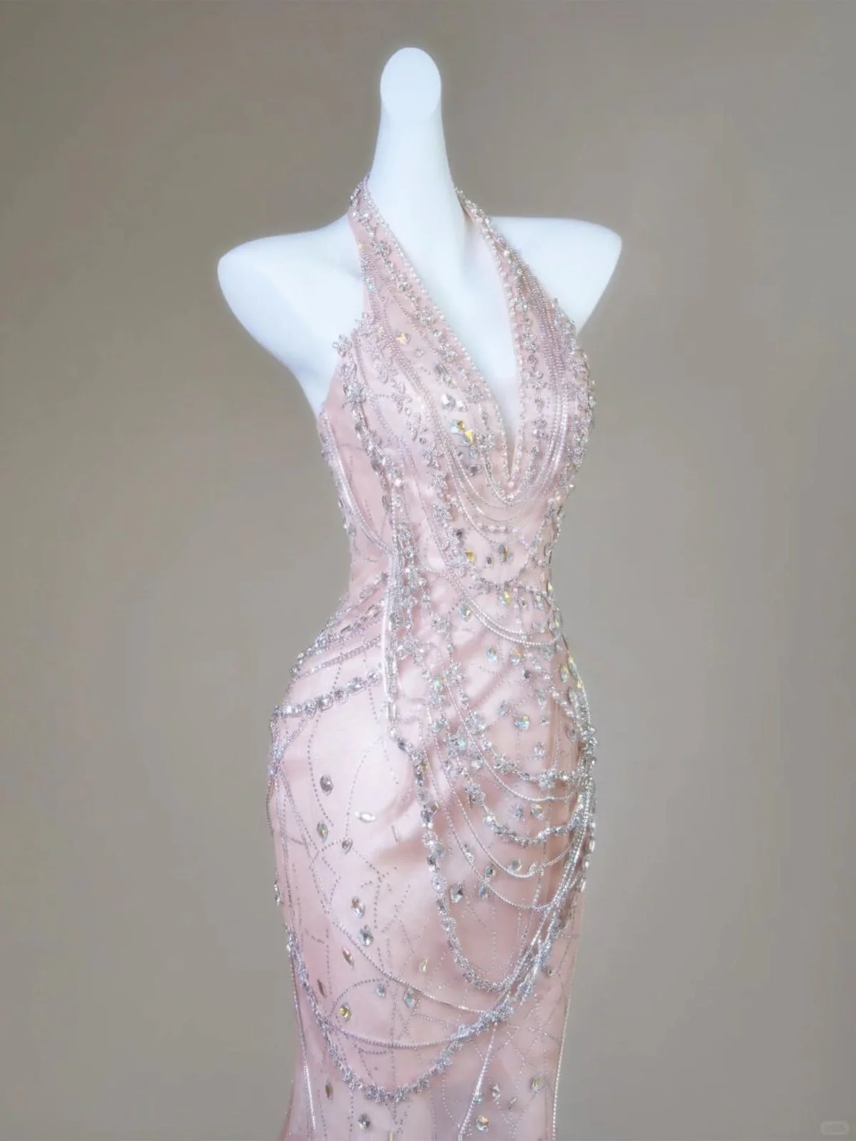 Mermaid Halter Light Pink Satin Beaded Long Prom Dress,Formal Evening formalgowns Mermaid Halter Light Pink Satin Beaded Long Prom Dress,Formal Evening formalgowns
