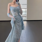 Blue Lace Mermaid Long Prom Dress Sexy Evening Dresses With Side Split   fg7665