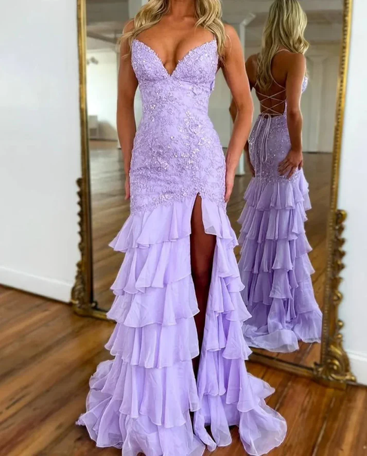 Stunning Lilac Mermaid Spaghetti Straps Silt Prom Dress Backless Lace Applique Evening Dress with Ruffles  fg8540