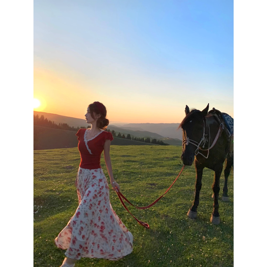 Red floral print midi skirt  A117