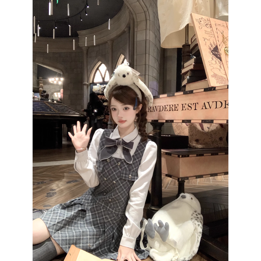 British style plaid pleated wool suspender dress A138