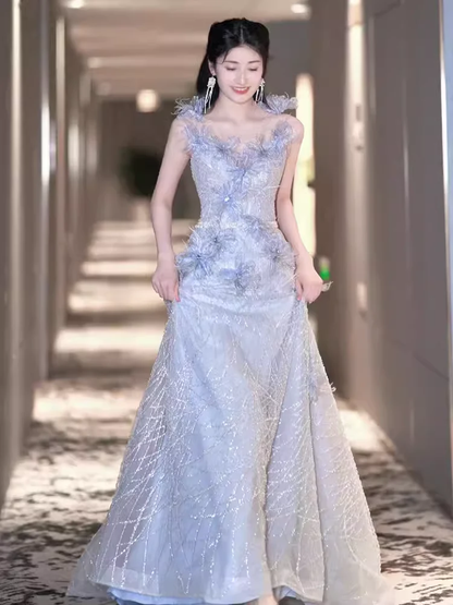 A line Straps Sequin Beads Long Evening Dress Prom Dresses With Flowers  fg8586