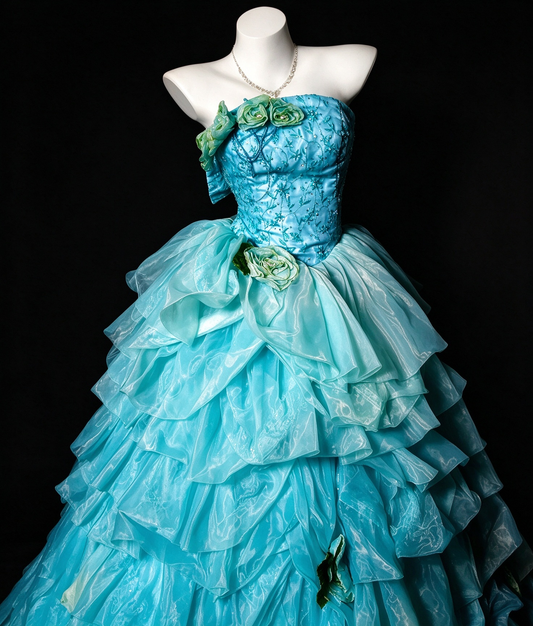 Strapless Beaded Ball Gown with 3D Florals & Ruffled Organza Skirt fg8946