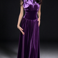 Elegant High Neck Sleeveless Purple Velvet Gathered Waist Evening Gown For Formal Banquet fg9006