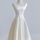 Ivory Satin Tea Length Simple Style Wedding Party Dress, Ivory Satin Prom Dress Formal Dress  fg8731