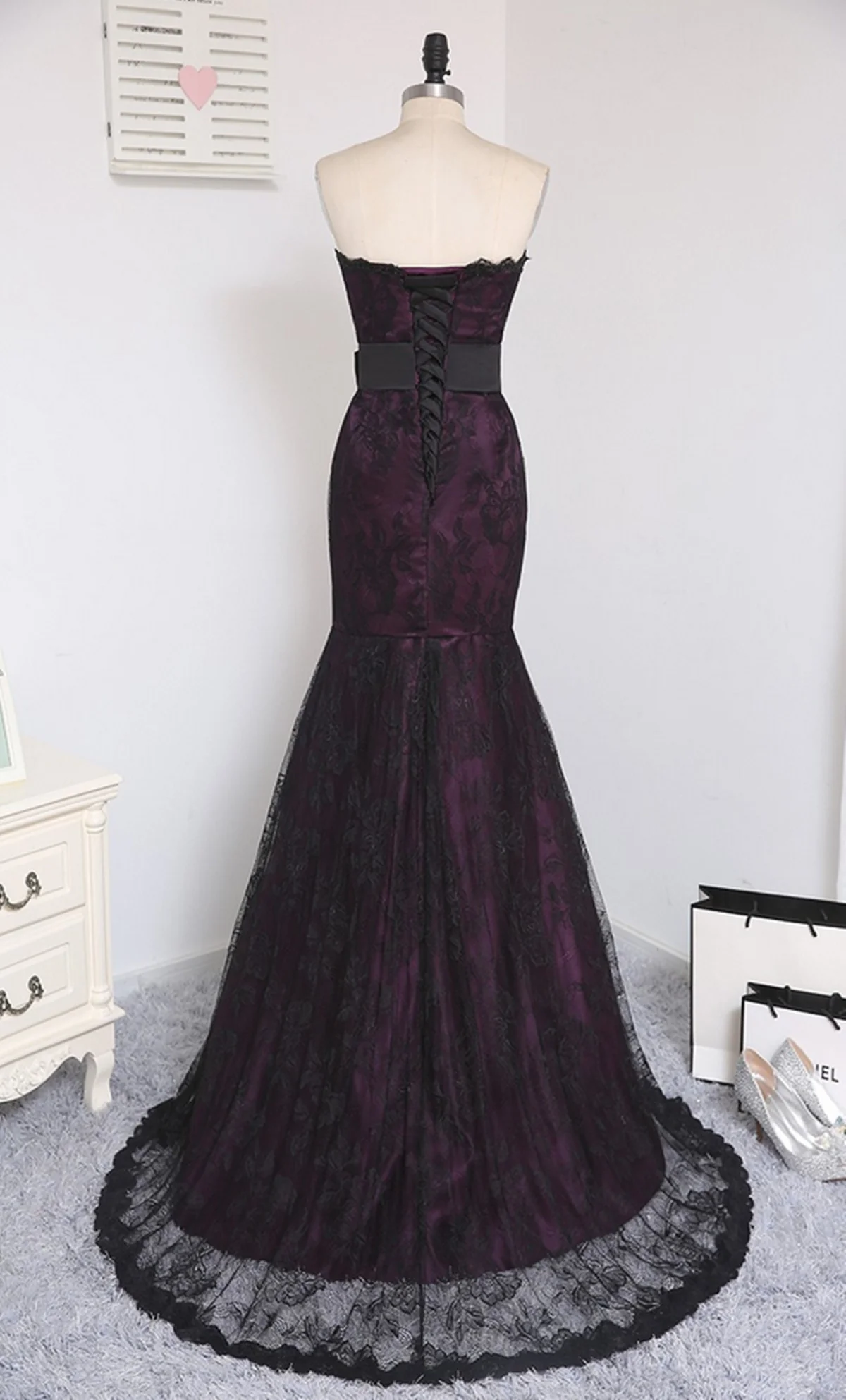 Gothic Purple and Black Lace Mermaid Prom Gown, Strapless Floor-Length Party Dress Evening Dress  fg8734