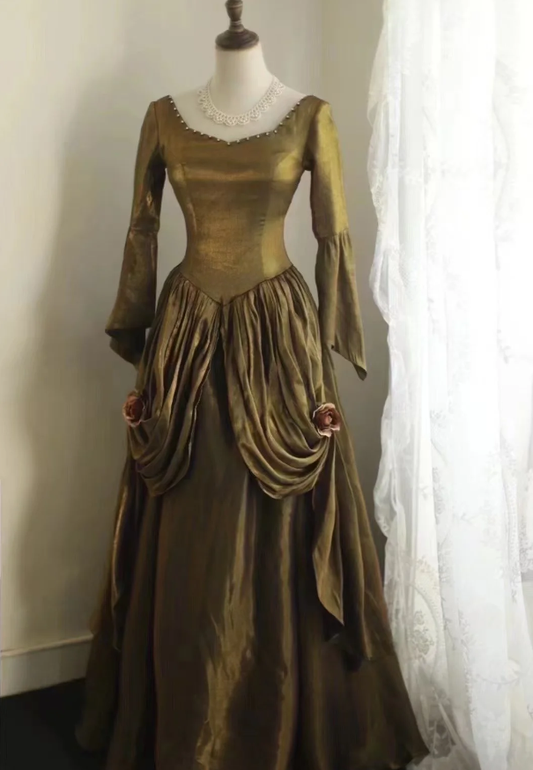 Grünes Samt-Ballkleid mit langen Ärmeln, edles Retro-Abendkleid fg8341