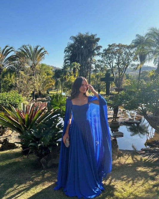 Simple Royal Blue A Line Long Sleeve Chiffon Formal Dress Evening Party Dresses  fg8479