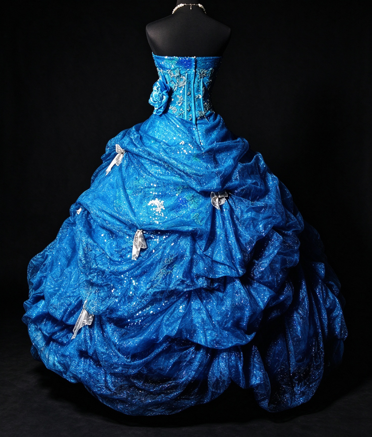 Strapless Corset Sparkly Tulle Ball Gown with Floral Embroidery & Bows fg8948