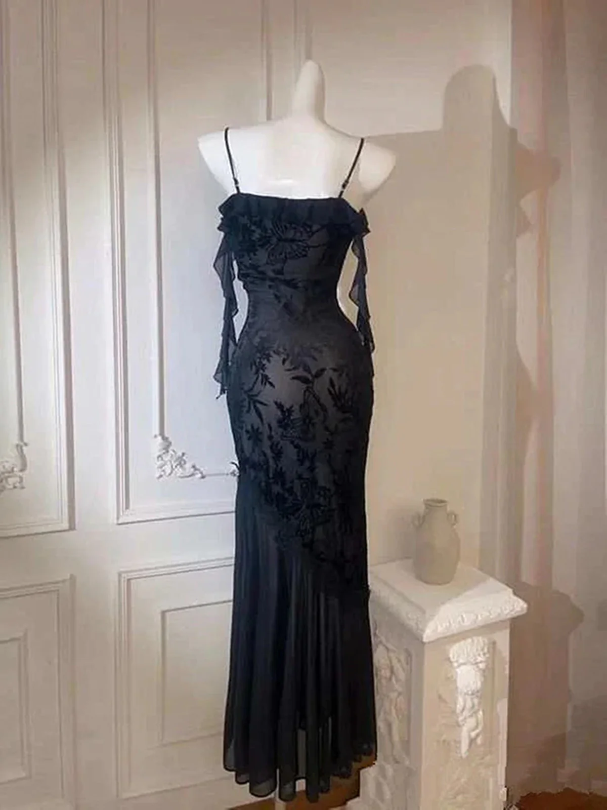 Black Lace Mermaid Maxi Dress Prom Dress, Gothic Lace Black Evening Dress  fg8724