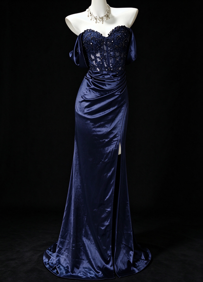 Off-Shoulder Beaded Navy Satin Mermaid Evening Dress with Slit, Formal Prom Gown fg8934