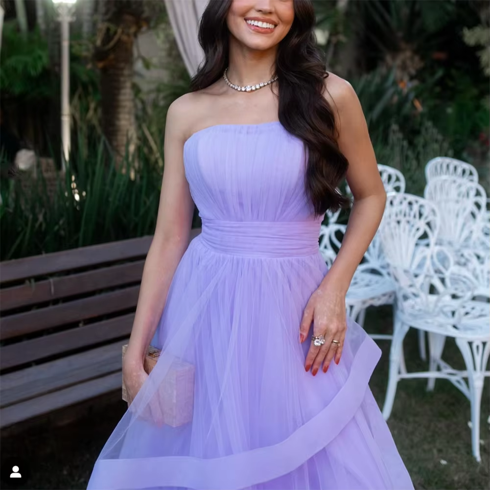 Lavendel Tüll Lange Kleider Hochzeit Party Rüschen Trägerlosen Ballkleider Formale Anlass Kleid fg6856