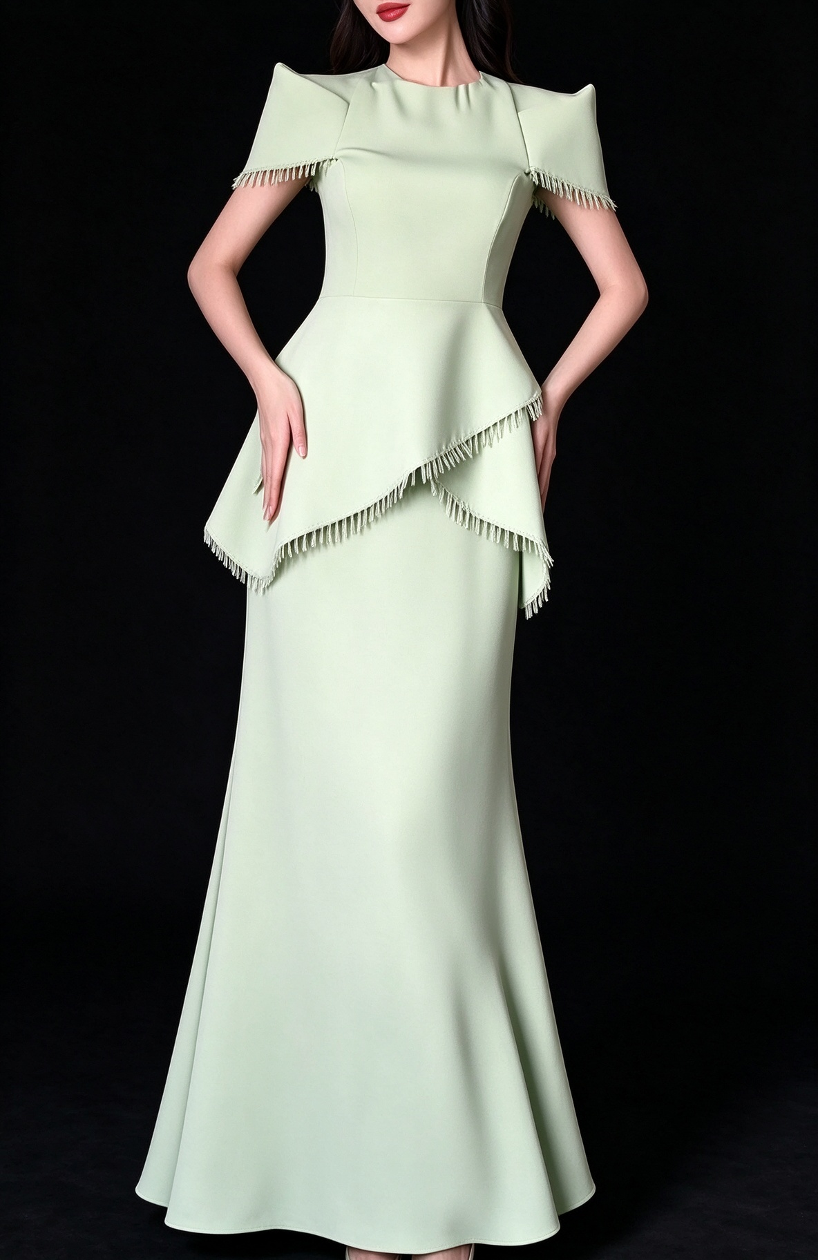 Elegant Round Neck Cape Sleeve Light Green Polyester Tassel Peplum Split Evening Gown For Formal Event fg9007