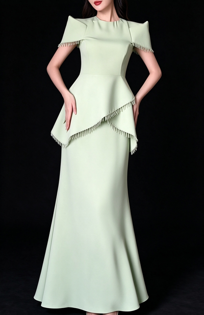 Elegant Round Neck Cape Sleeve Light Green Polyester Tassel Peplum Split Evening Gown For Formal Event fg9007