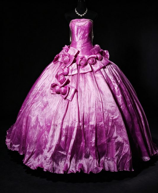 Strapless Shiny Organza Ball Gown with 3D Rose Flowers & Chain Details fg8950