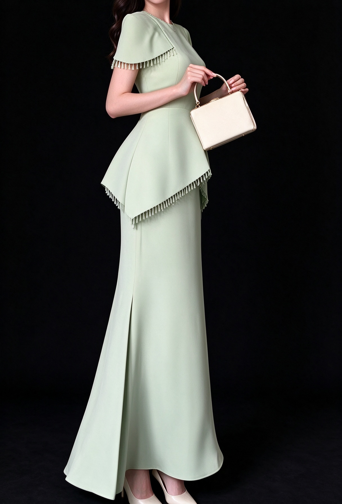 Elegant Round Neck Cape Sleeve Light Green Polyester Tassel Peplum Split Evening Gown For Formal Event fg9007