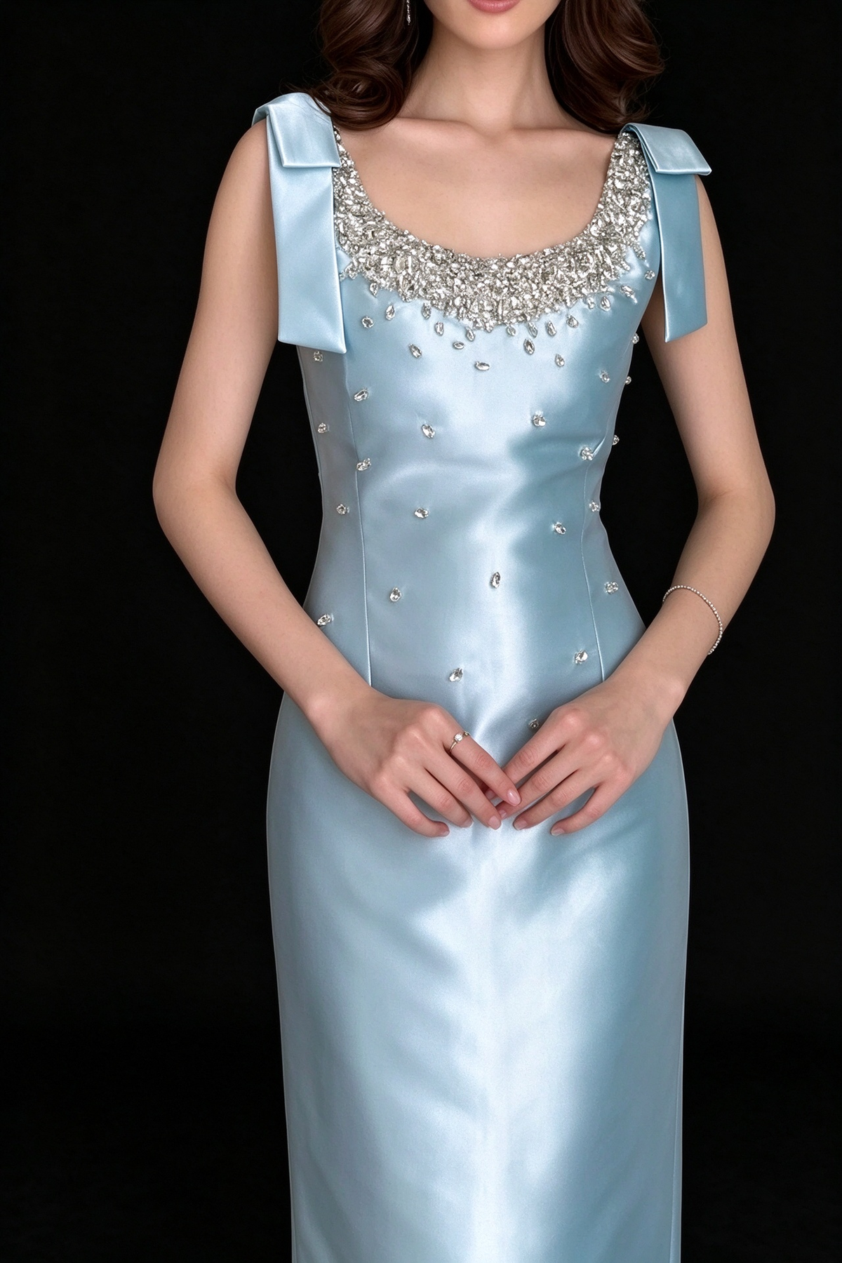 Elegant U-Neck Bow Strap Satin Midi Evening Dress With Rhinestone Embellishment For Banquet fg9008