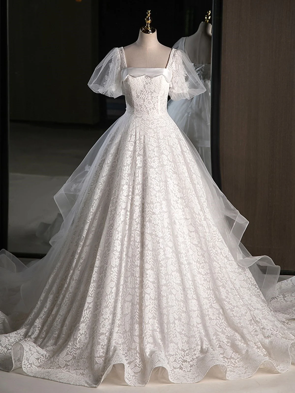 Elegant White Lace A-Line Wedding Party Dress with Puff Sleeves, White Lace Formal Gown  fg8732
