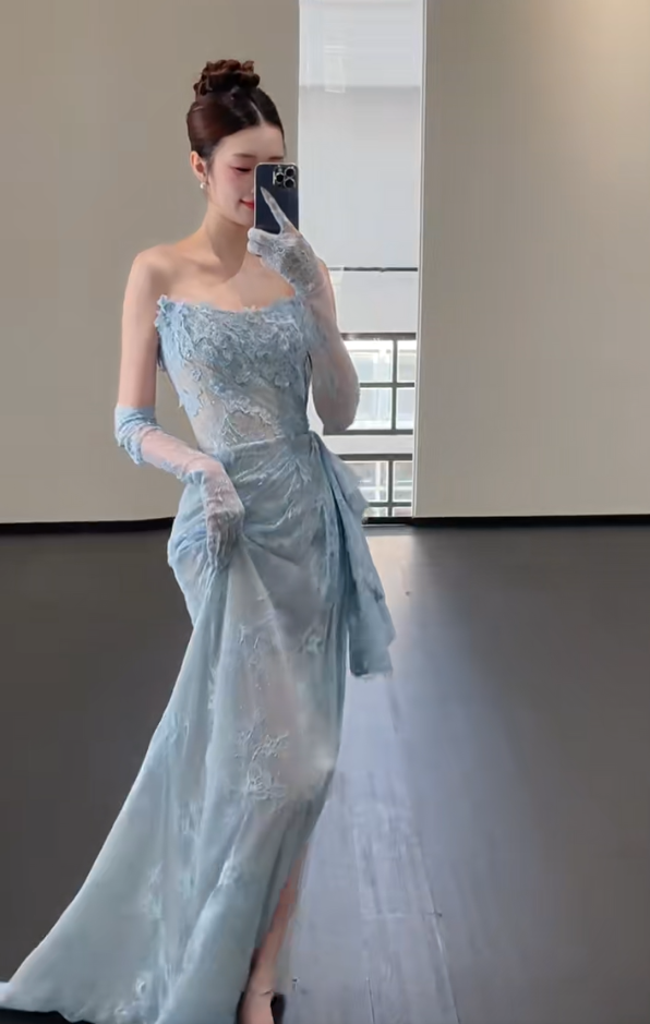 Blue Lace Mermaid Long Prom Dress Sexy Evening Dresses With Side Split   fg7665