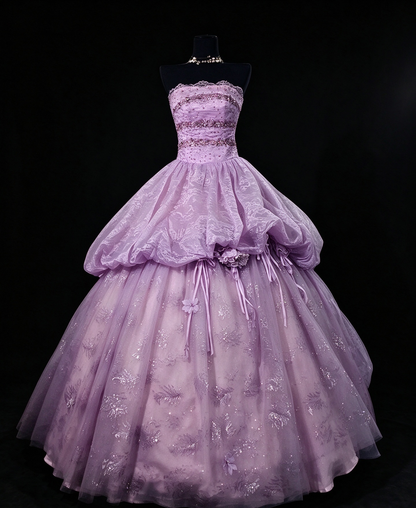 Strapless Lavender Glitter Tulle Ball Gown with Lace & Floral Accents fg8952