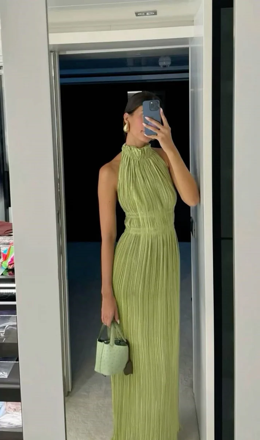 Sexy A line High Neck Sage Green Chiffon Prom Dresses Formal Summer Wedding Guest Dresses Wedding Guest Outfit  fg8544