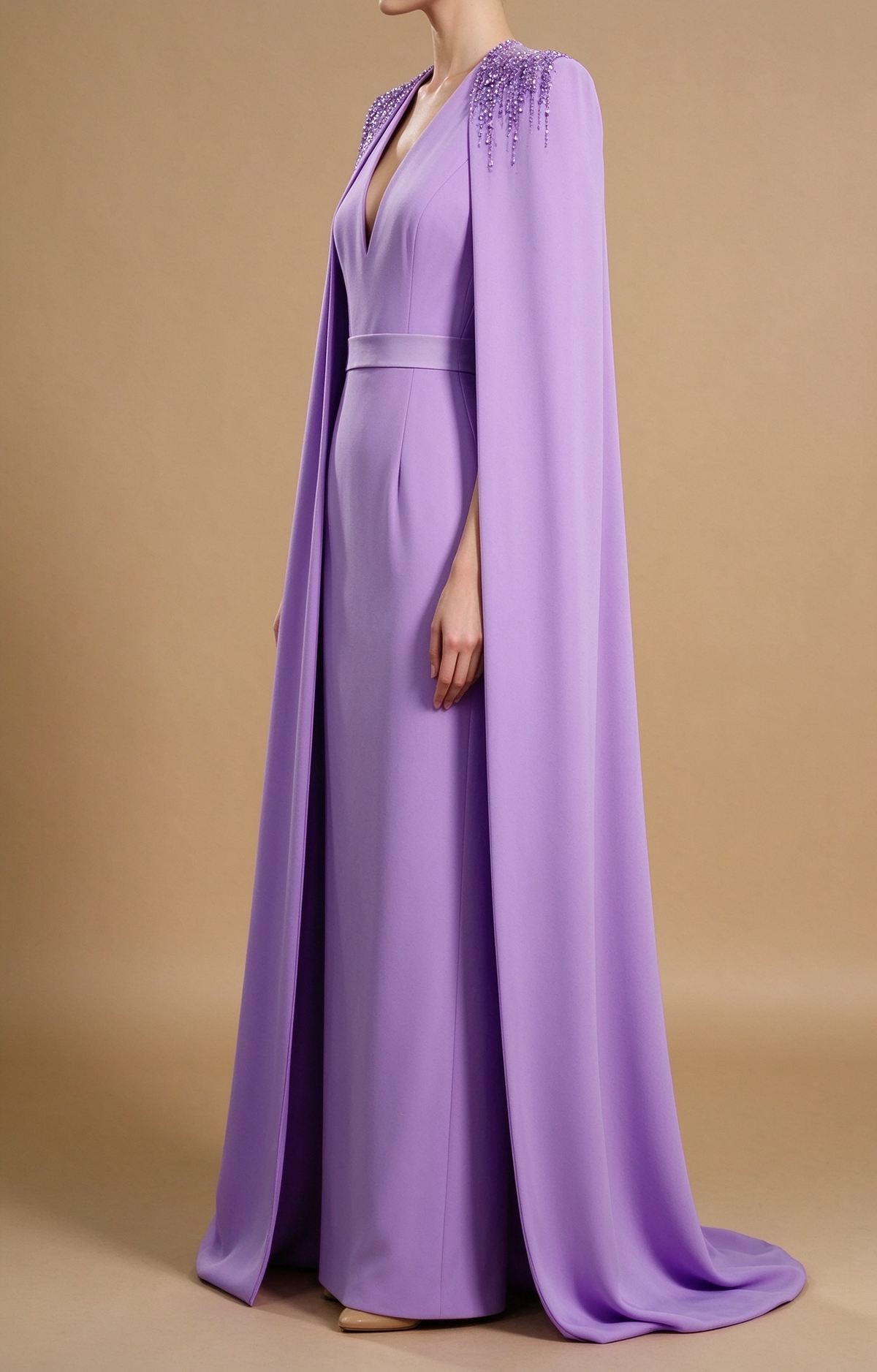 Lavender Deep V Neck Sheath Evening Gown With Cape Sleeves & Beaded Shoulder Embellishment fg8993