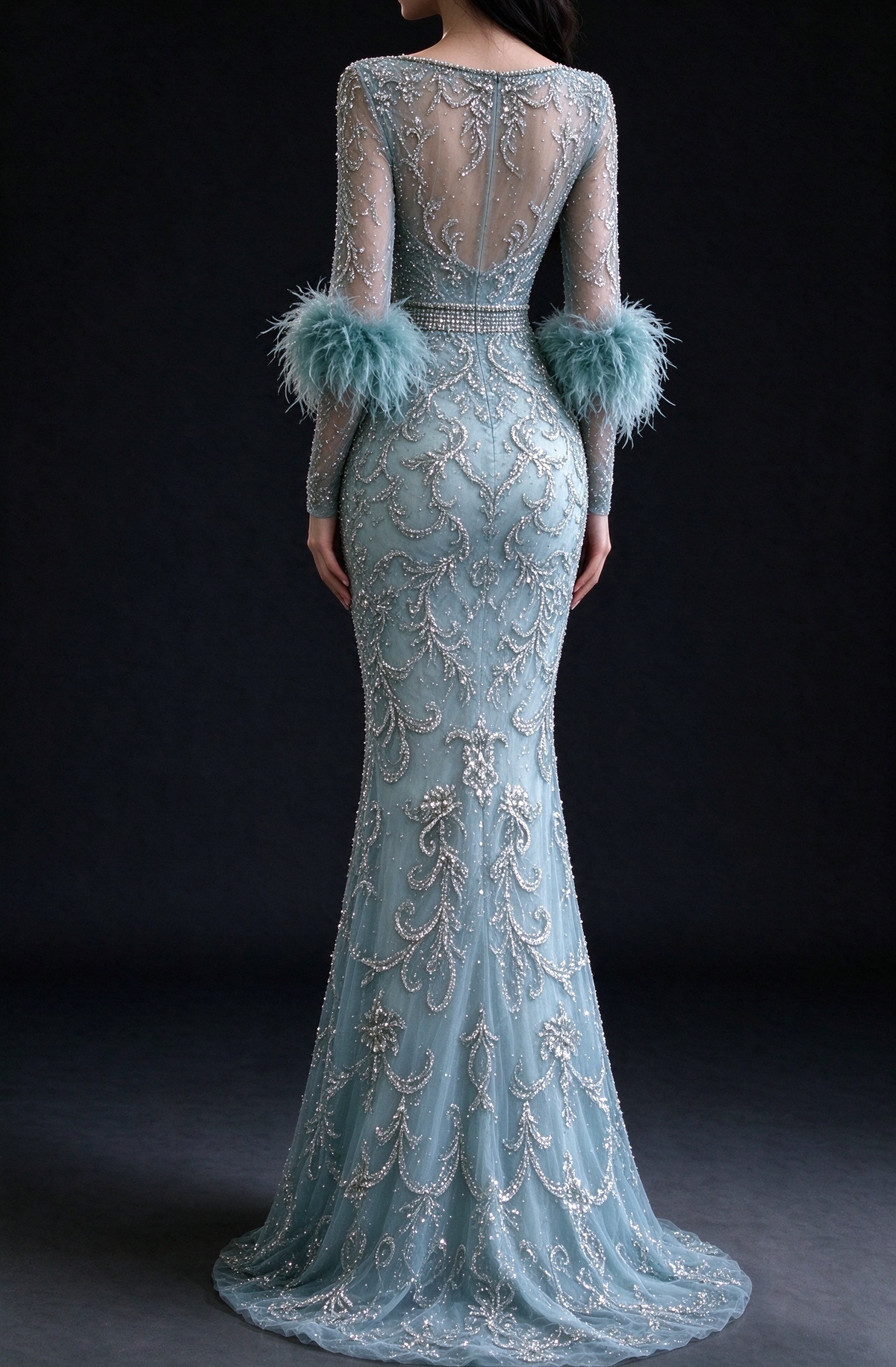 Mint Green Long Sleeve Rhinestone Feather Cuff Sheer Back Mermaid Evening Gown fg9016