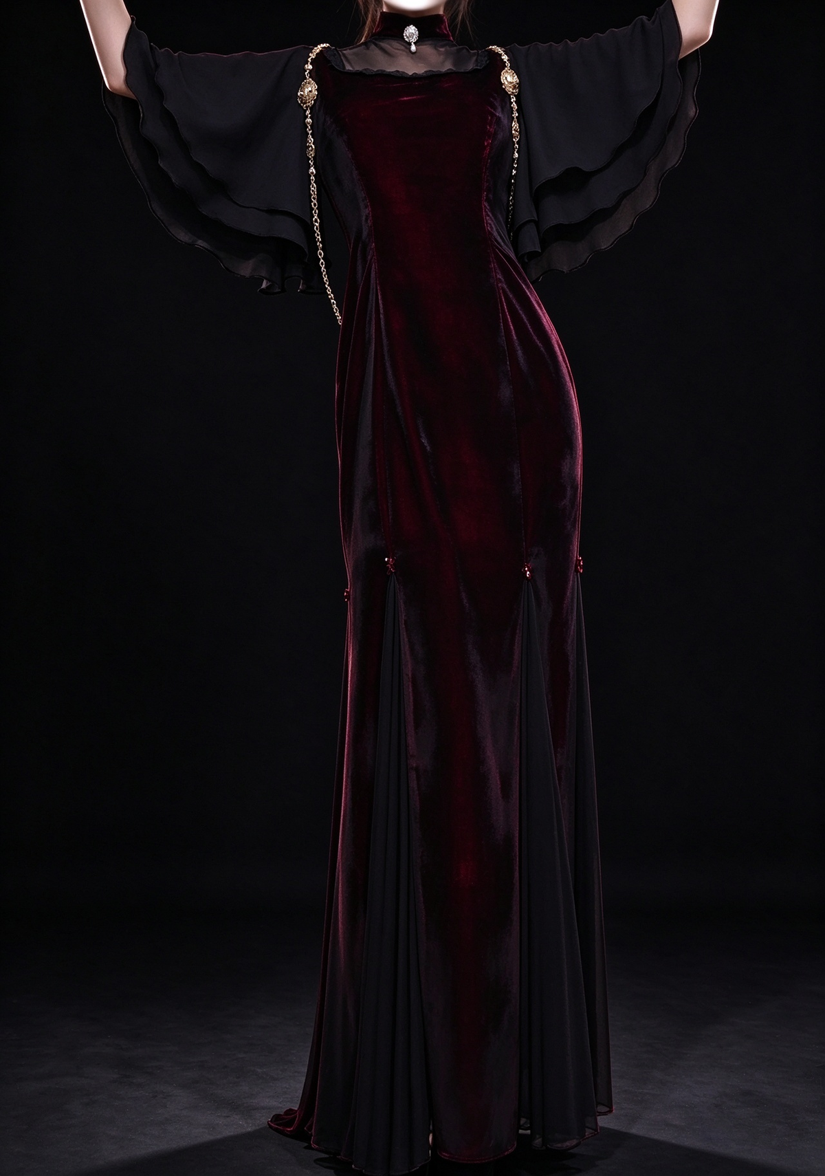 Burgundy High Neck Velvet Mermaid Evening Dress With Chiffon Cape Sleeve fg8977