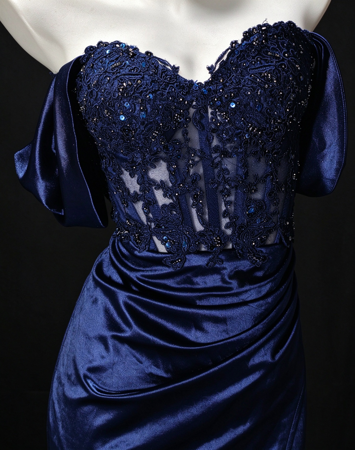 Off-Shoulder Beaded Navy Satin Mermaid Evening Dress with Slit, Formal Prom Gown fg8934