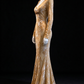 Champagne Floral Burnout Velvet Mermaid Evening Gown, V-Neck, Long Sleeve With Front Bow fg8988