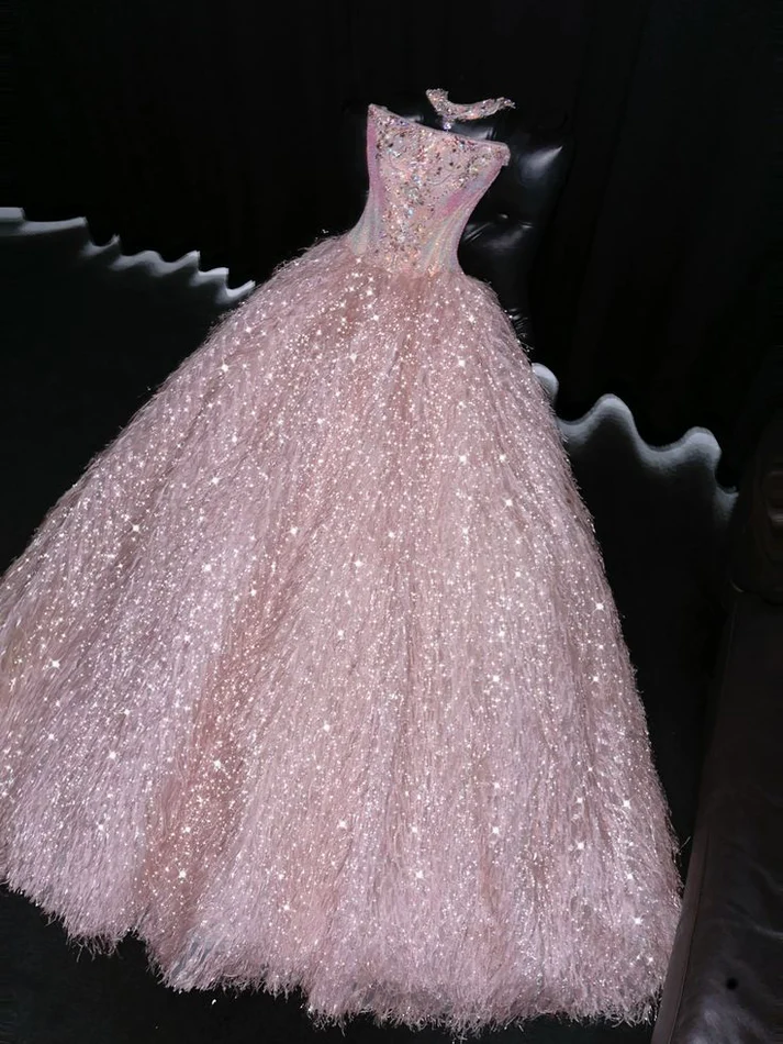 Exquisite Pink Beaded Feather Ball Gown Tulle Prom Dress Party Dress  fg8558