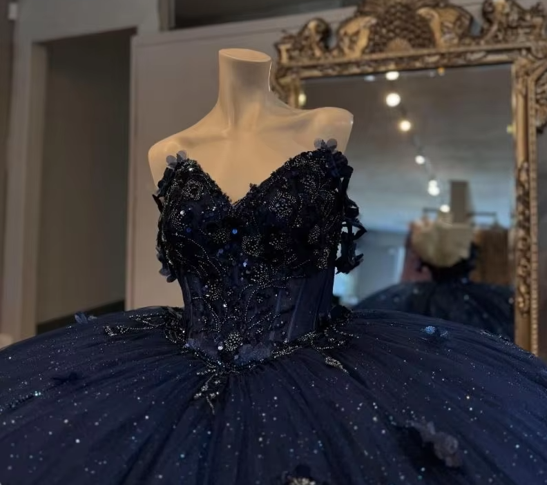Mexico Navy Quinceanera Dress Ball Gown Floral Appliques Beaded Crysta formalgowns Mexico Navy Quinceanera Dress Ball Gown Floral Appliques Beaded Crysta formalgowns