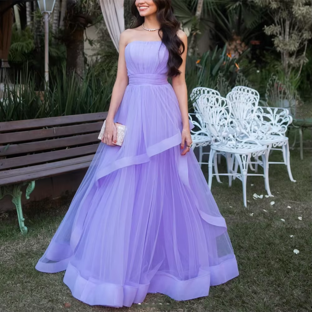 Lavender Tulle Long Dresses Wedding Party Ruffles Strapless Prom Dress – formalgowns