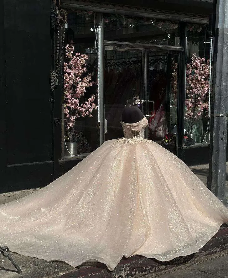 Shimmering Champagne Princess Quinceanera Dress with Off-the-Shoulder – formalgowns