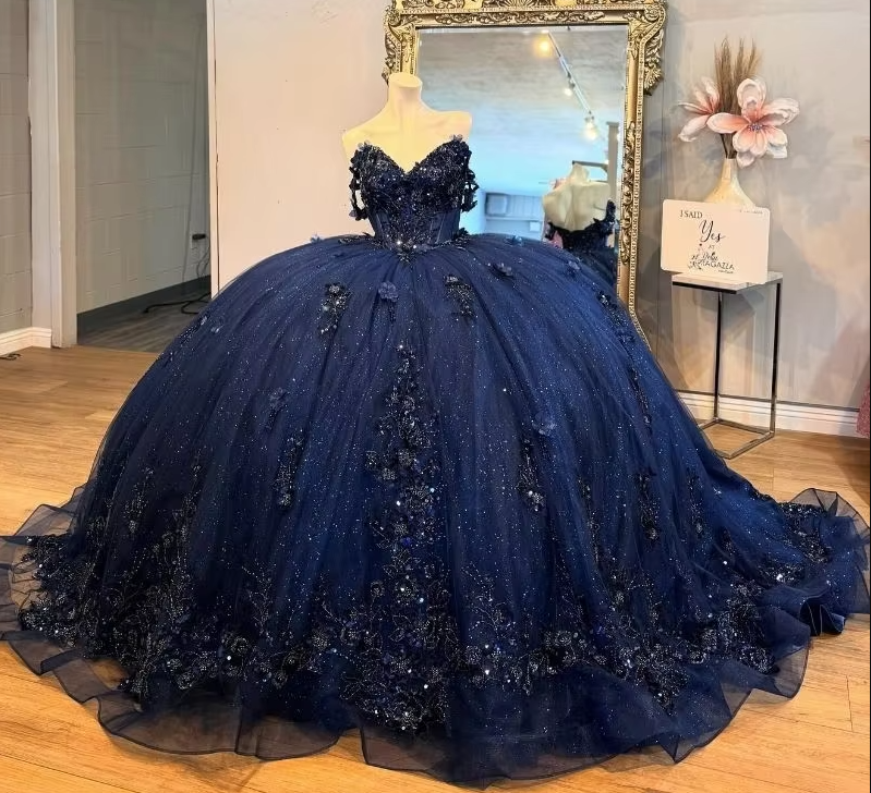 Mexico Navy Quinceanera Dress Ball Gown Floral Appliques Beaded Crysta – formalgowns