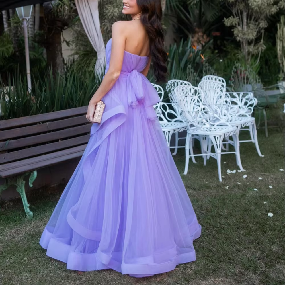 Lavendel Tüll Lange Kleider Hochzeit Party Rüschen Trägerlosen Ballkleider Formale Anlass Kleid fg6856